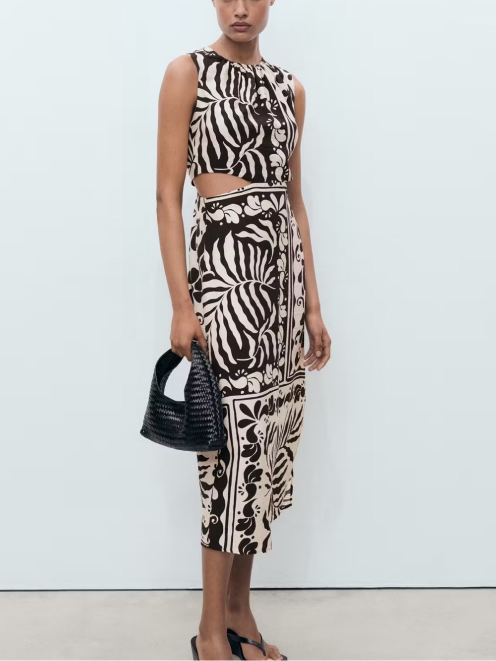 Mango Black and Cream Printed Cutout Midi Dress